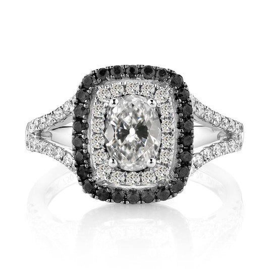 Ovaler Alter Bergmann & Runder Schwarzer Echt Diamant Halo-Ring Mit Geteiltem Schaft 7 Karat