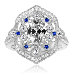 Ovaler Altschliff Echt Diamant & Blauer Saphir Halo Ring Vintage-Stil 7 Karat