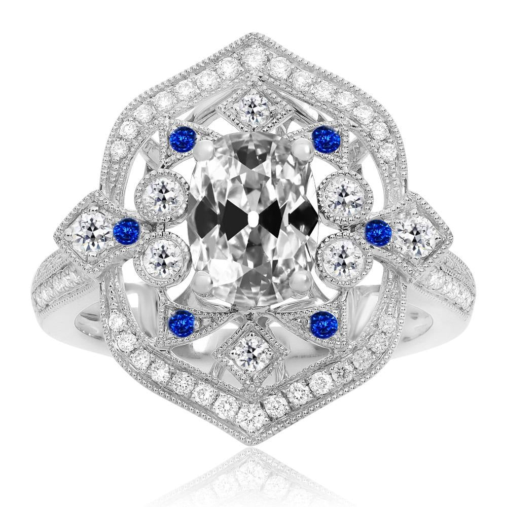 Ovaler Altschliff Echt Diamant & Blauer Saphir Halo Ring Vintage-Stil 7 Karat
