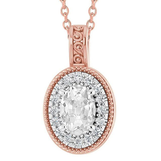 Ovaler Halo-Echt Diamant-Anhänger Im Alten Minenschliff 4,50 Karat Zweifarbiges Gold 14K