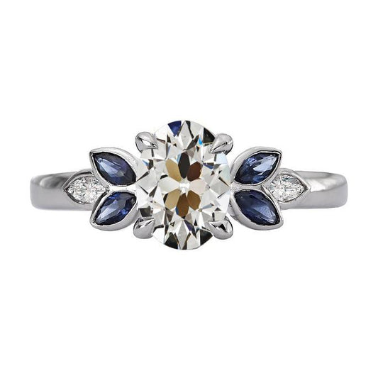 Ovaler Old Cut Natürliche Diamant & Marquise Blue Saphir Ring 6,50 Karat