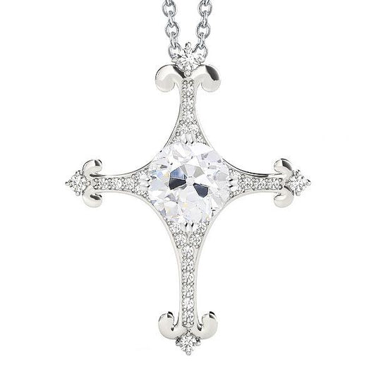 Runder Alter Bergmann Kreuz Echt Diamant Anhänger 2,50 Karat Mit Kette