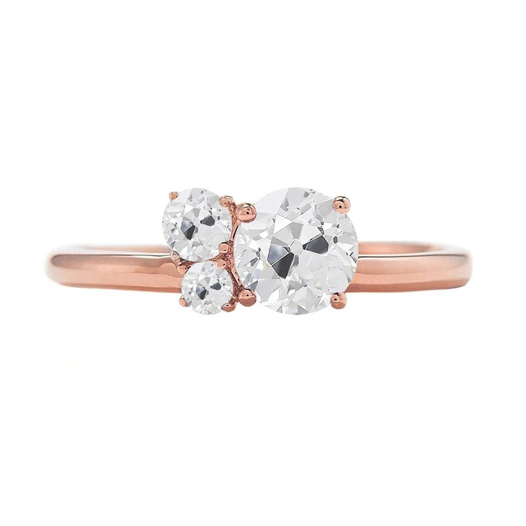 Runder Alter Bergmann Natürliche Diamantring Mit 3 Steinen 1,50 Karat Roségold