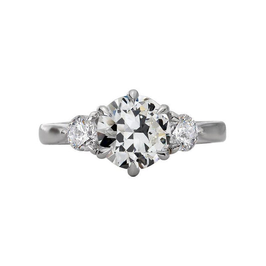 Runder Alter Minenschliff-Echt Diamantring Mit Drei Steinen, 6 Krappen, 3 Karat