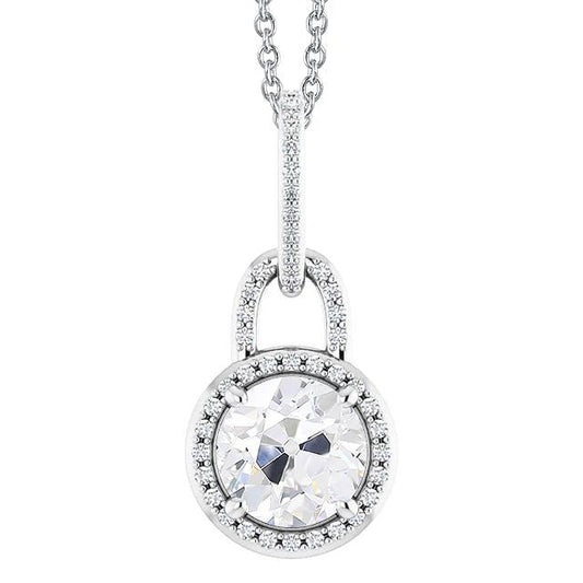 Runder Alter Minenschliff 3 Karat Halo Lock Natürliche Diamant Anhänger Mit Kette Gold