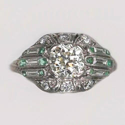 Runder Alter Minenschliff Natürliche Diamantring Baguette & Grüner Saphir 3,25 Karat