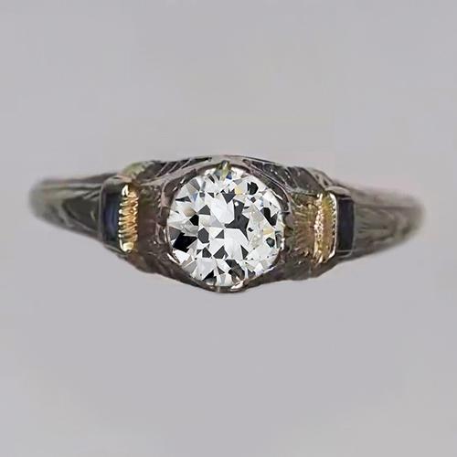 Runder Alter Miner Echt Diamantring Mit 3 Steinen Und Blauem Saphir 1,50 Karat