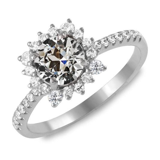 Runder Altschliff-Echt Diamant-Halo-Ring Mit Akzenten Im Blumenstil 6 Karat