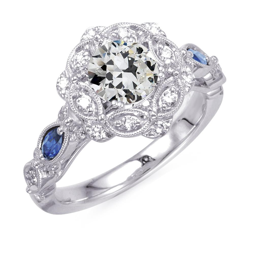 Runder Altschliff Echt Diamant & Marquise Saphir Ring 4,50 Karat Milgrain