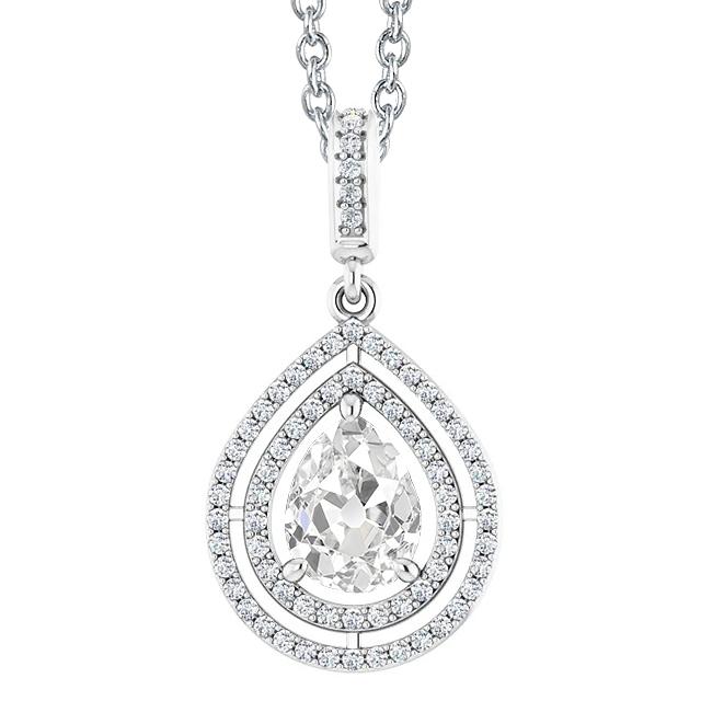 Runder & Birnen-Anhänger Mit Halo-Echt Diamant Im Alten Minenschliff, Gold, 3,50 Karat