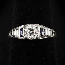 Runder Echt Diamantring Altes Europäisches Baguette Blauer Saphir 1,50 Karat