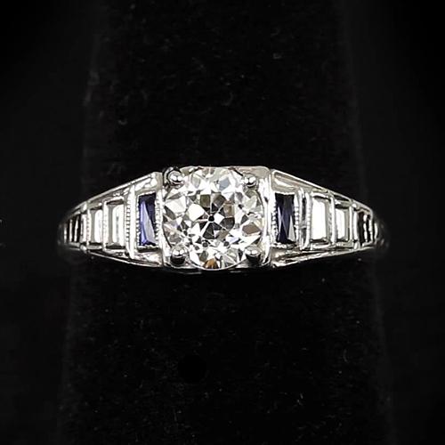 Runder Echt Diamantring Altes Europäisches Baguette Blauer Saphir 1,50 Karat
