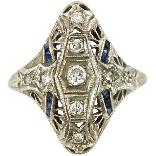 Runder Old Miner Milligrain-Echt Diamantring & Baguette-Saphire 1,25 Ct