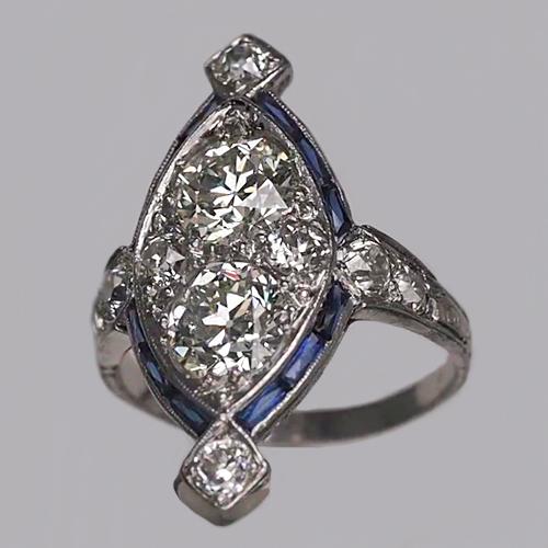 Runder alter Bergmann Echt Diamantring & Baguette-Saphir 1,75 Karat - harrychadent.ch