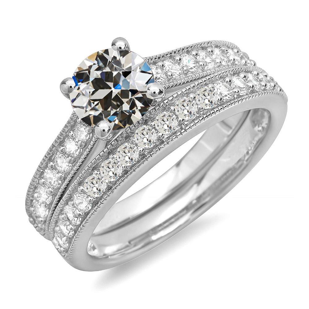 Verlobungsring-Set Rund Alter Bergmann Echt Diamant Milgrain 6 Karat