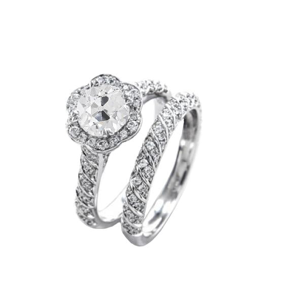 Verlobungsring Set Old Cut Natürliche Diamant Flower Style Pave Set 3,50 Karat