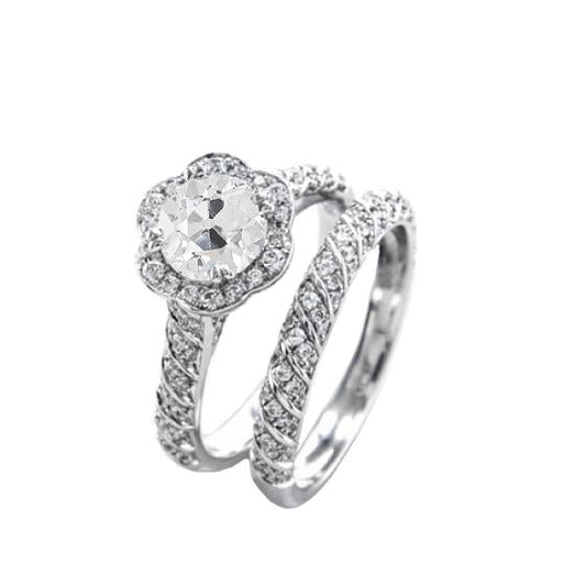 Verlobungsring Set Old Cut Natürliche Diamant Flower Style Pave Set 3,50 Karat