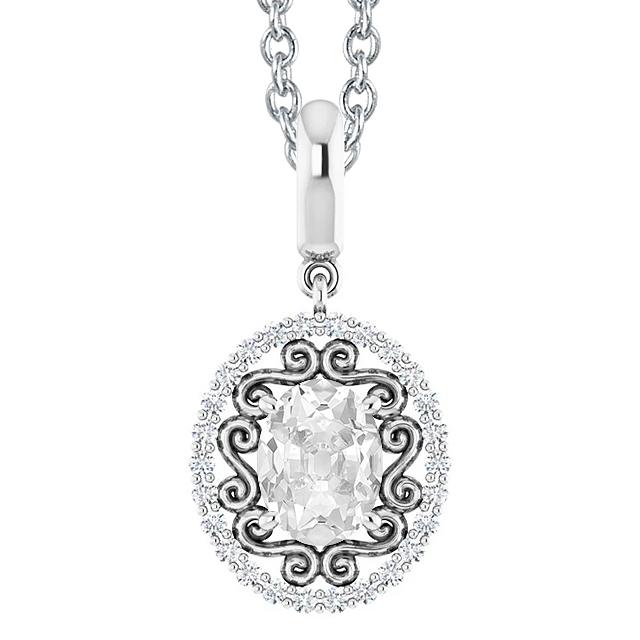 Weißgold Halo Echt Diamant Anhänger Oval Old Mine Cut 3 Karat Mit Kette