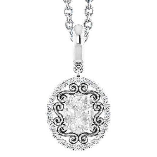 Weißgold Halo Echt Diamant Anhänger Oval Old Mine Cut 3 Karat Mit Kette