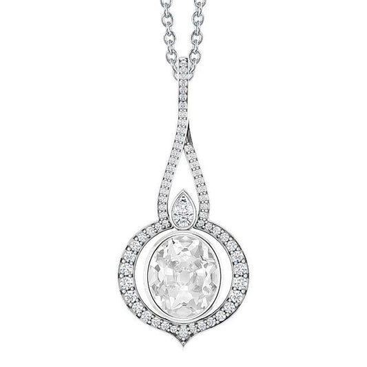 Weißgold Natürliche Diamant Anhänger Oval Old Cut Lünette Set 3,50 Karat