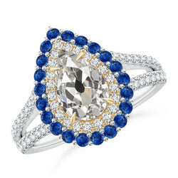 Zweifarbiger Halo-Natürliche Diamantring Birne Altschliff Mit Blauen Saphiren 5 Karat