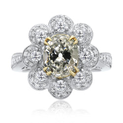 Zweifarbiger Halo Ovaler Altschliff Naturliche Diamantring Blumenstil 10 Karat