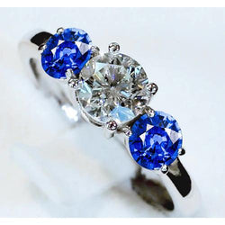 3 Steine Ring Diamant & blauer Saphir 3,50 Karat Kathedrale Fassung