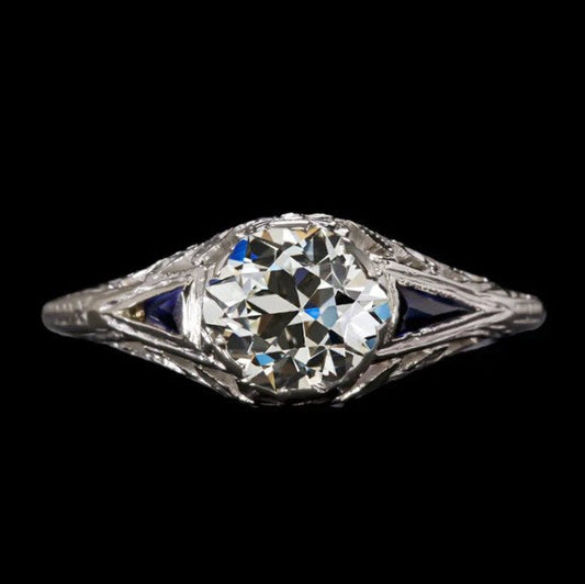 Art-Deco-Schmuck New Round Old Cut & Sapphire Three Stone Ring
