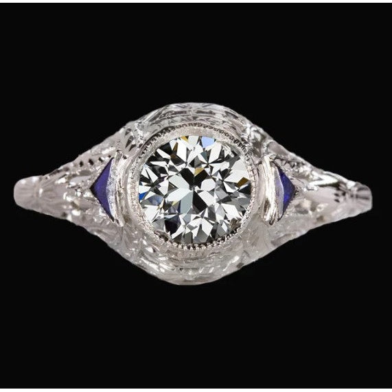 Wie Edwardian Jewelry Gemstone 3 Stone Ring Altschliff-Diamant-Saphir
