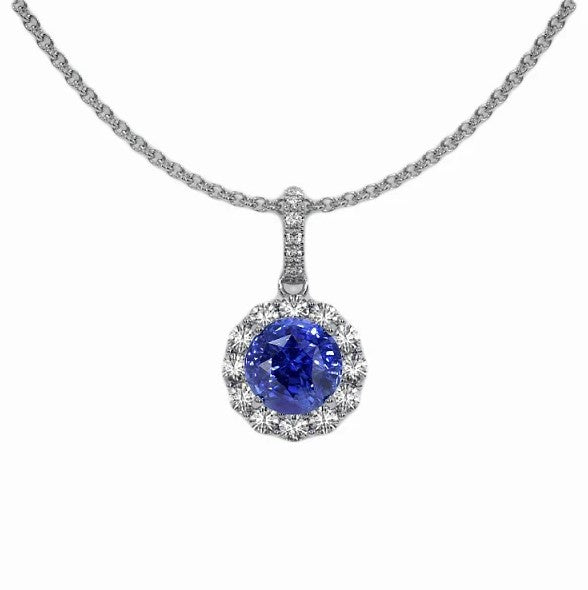 2 Karat Runder Blauer Saphir & Diamant Anhänger Halskette 14K Gold