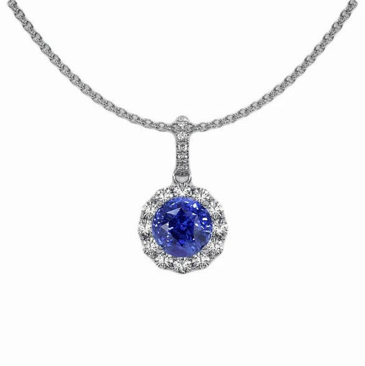 2 Karat Runder Blauer Saphir & Diamant Anhänger Halskette 14K Gold