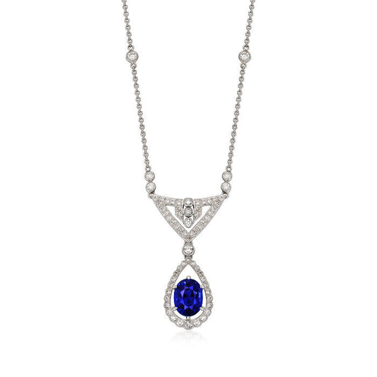 Goldener Halo-Anhänger Ovaler blauer Saphir & Diamant-Halskette 2 Karat