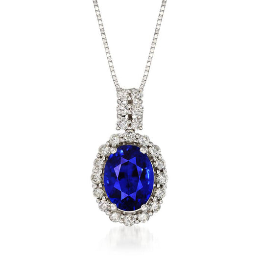 Halo-Anhänger mit ovalem Saphir und rundem Diamanten, Krappenset, 3,50 Karat