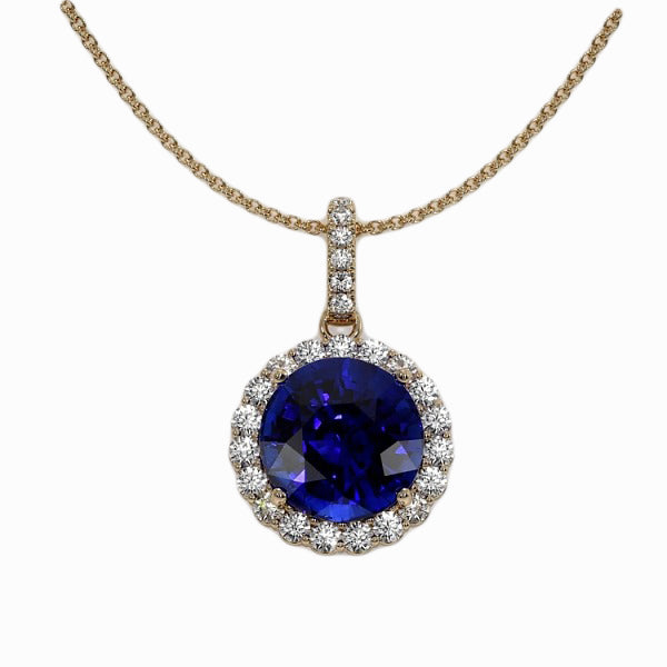 Halo-Anhänger mit rundem Diamant und blauem Saphir Gelbgold 3,50 Karat