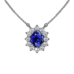 Halo-Anhänger, ovaler Ceylon-Saphir und Diamant im Blumenstil, 3,50 Karat