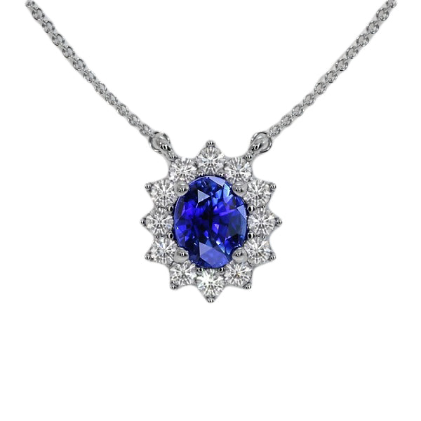 Halo-Anhänger, ovaler Ceylon-Saphir und Diamant im Blumenstil, 3,50 Karat