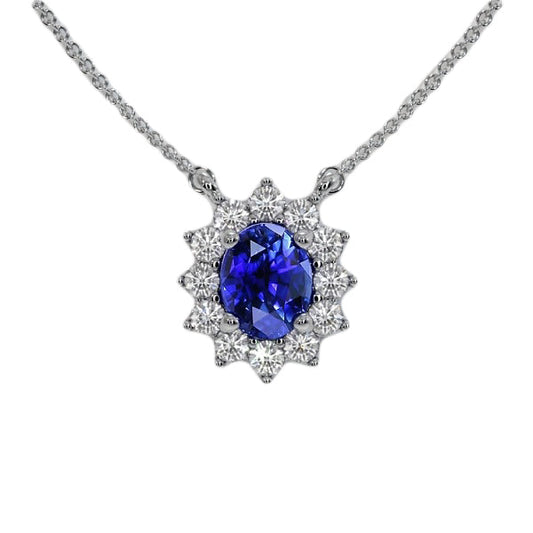 Halo-Anhänger, ovaler Ceylon-Saphir und Diamant im Blumenstil, 3,50 Karat