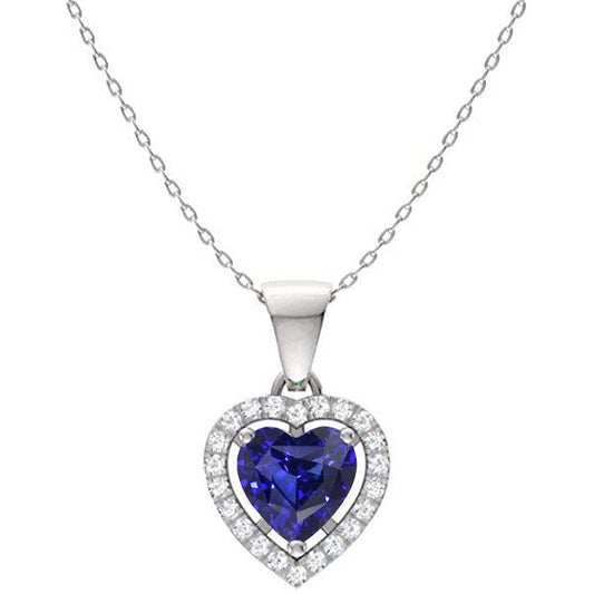 Halo Heart Blauer Saphir & runder Diamantanhänger 2 Karat 14K Gold