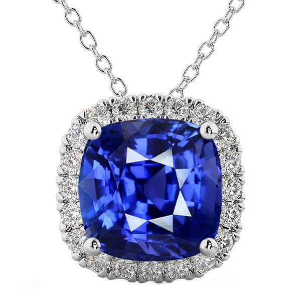 Halo Kissen Blauer Saphir & Diamant Anhänger Schmuck 10,75 Karat