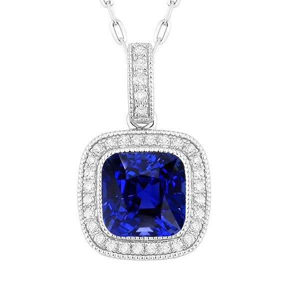 Kissen Saphir Milligrain Halo Anhänger Diamant Lünette Set 5,25 Karat