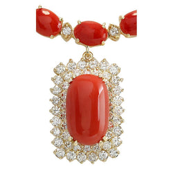 50.50 ct Red Coral And Diamants Lady Halskette Gold Gelb 14K