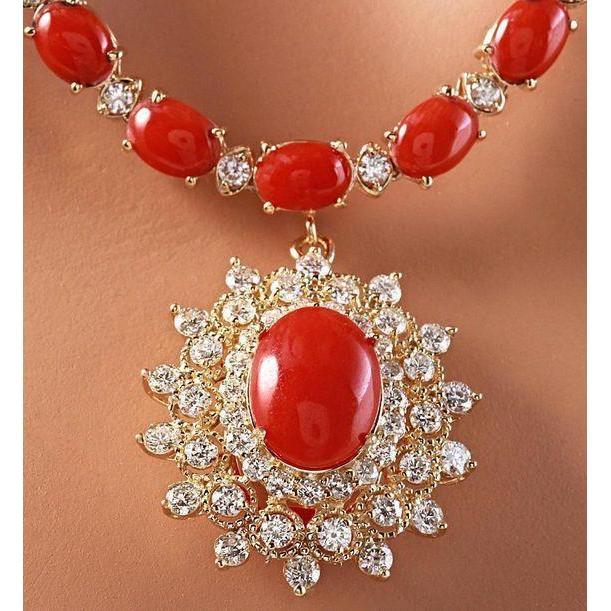 Gelbgold 46 Kt. Halskette mit rotem Koralle und Diamanten Neu - harrychadent.ch