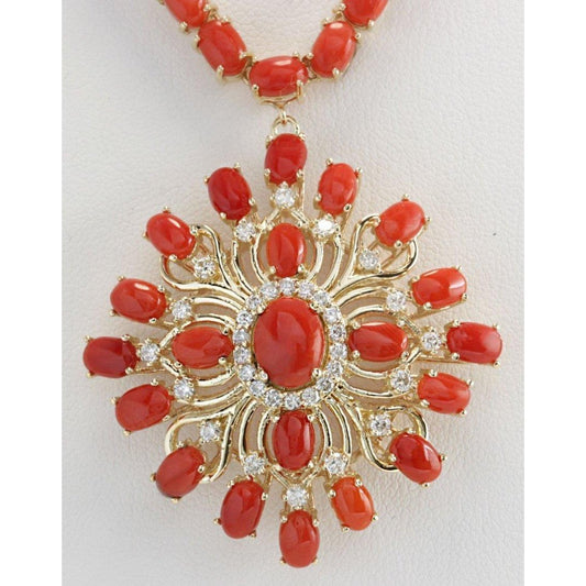 Rote Koralle und Diamanten 73.75 Karat Damen Halskette Gelbgold 14K - harrychadent.ch