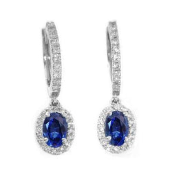 Blauer Ovaler Saphir & Diamant 3,06 Karat Tropfenohrring Weißgold 14K