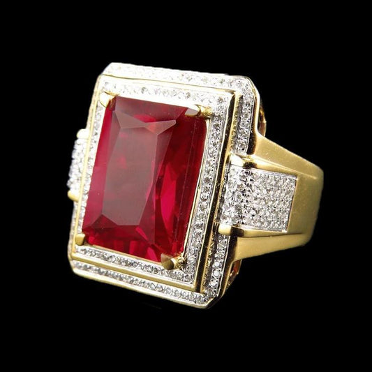 13 Kt großer roter Rubin im Smaragdschliff mit Diamantring Gelbgold 14K - harrychadent.ch