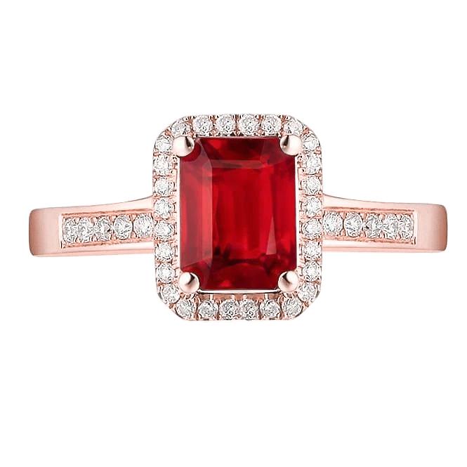 14K Roségold Ehering mit rotem Rubin und Diamant im Smaragdschliff 5 Ct - harrychadent.ch