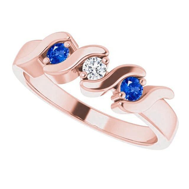 3 Steine Ring Diamant Blauer Saphir 0.90 Karat Roségold 14K