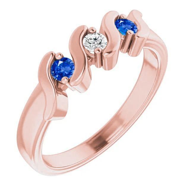 3 Steine Ring Diamant Blauer Saphir 0.90 Karat Roségold 14K