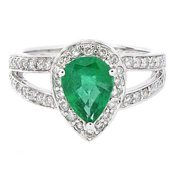 6 Karat Birnengrüner Smaragd mit Diamant Ehering Weißgold 14K