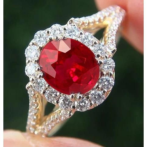 7.25 Karat Oval Roter Rubin Mit Diamant Ehering Gelbgold 14K - harrychadent.ch